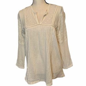 Lucky Brand Eyelet Textured Boho Peasant Top Large